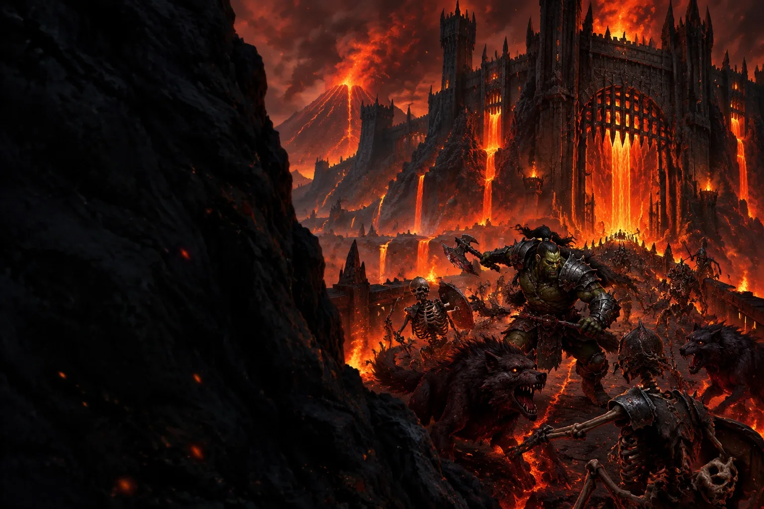 Volcanic fortress and a survivor battle, original art for this guide
